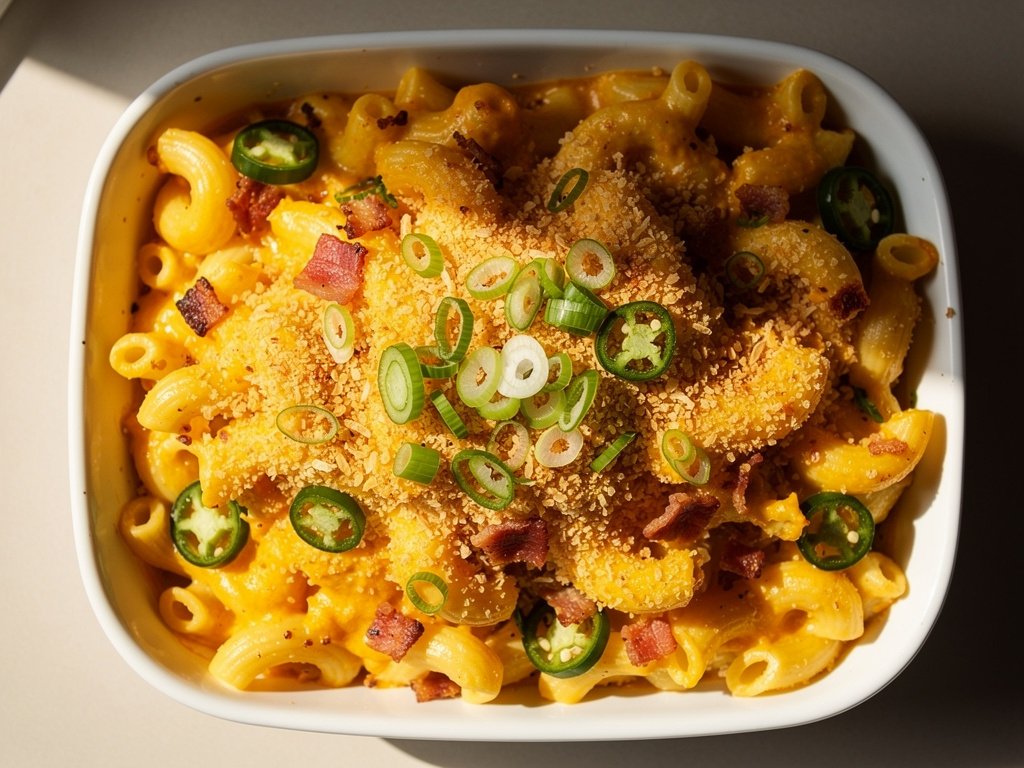 Spicy Bacon Jalapeño Mac and Cheese with Cream Cheese Panko Crust