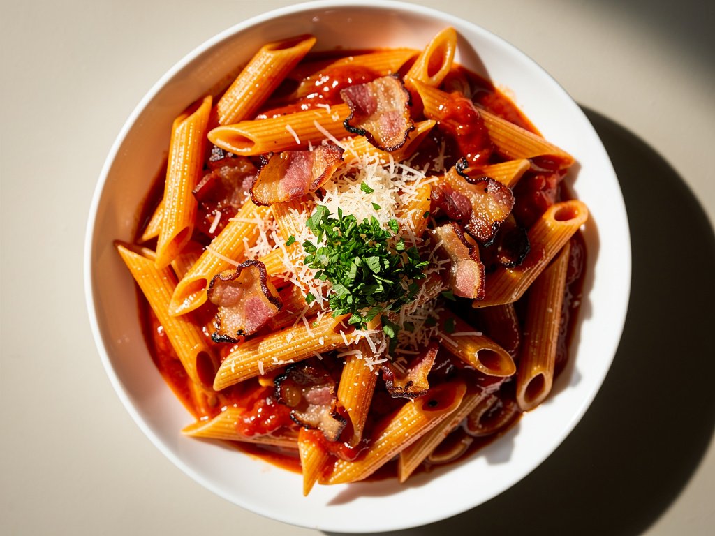 Spicy Bacon Penne Arrabbiata with Parmesan and Parsley