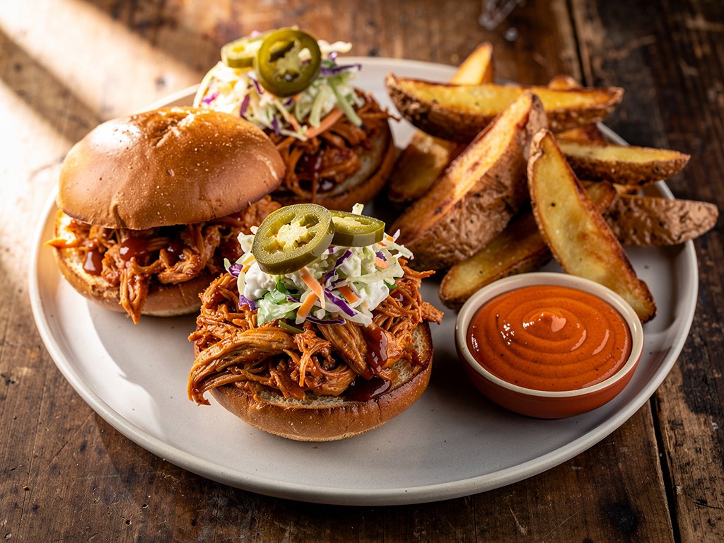 Spicy BBQ Pulled Chicken Sandwiches with Smoky Slaw and Potato Wedges