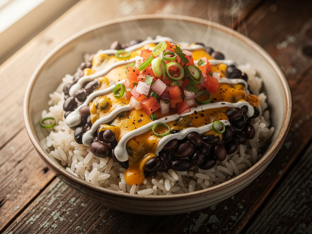 Spicy Black Bean and Rice Bowls with Poblano and Pepper Jack