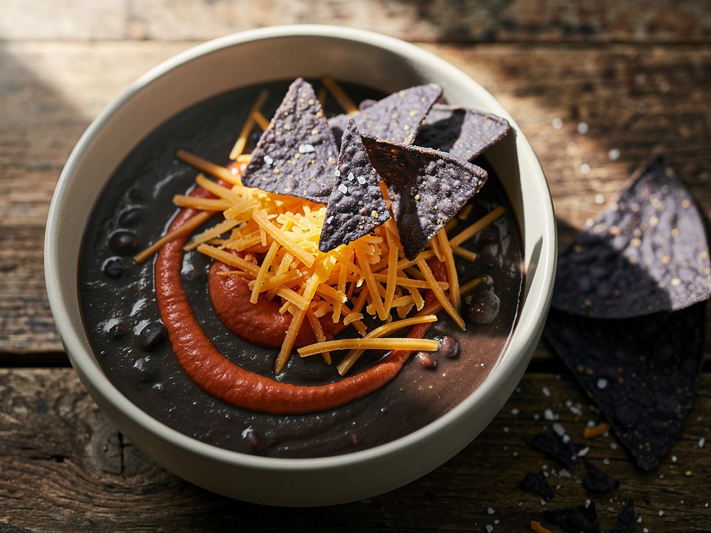 20-Minute Spicy Black Bean Soup with Smoky Crema and Crunchy Tortilla Chips