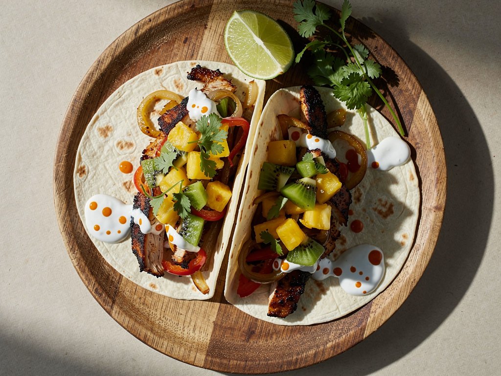 Spicy Blackened Chicken Tacos with Pineapple Kiwi Salsa and Hot Sauce Crema