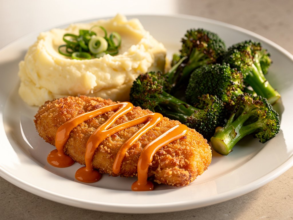 Spicy Buffalo Chicken Cutlets with Mashed Potatoes and Buttery Broccoli