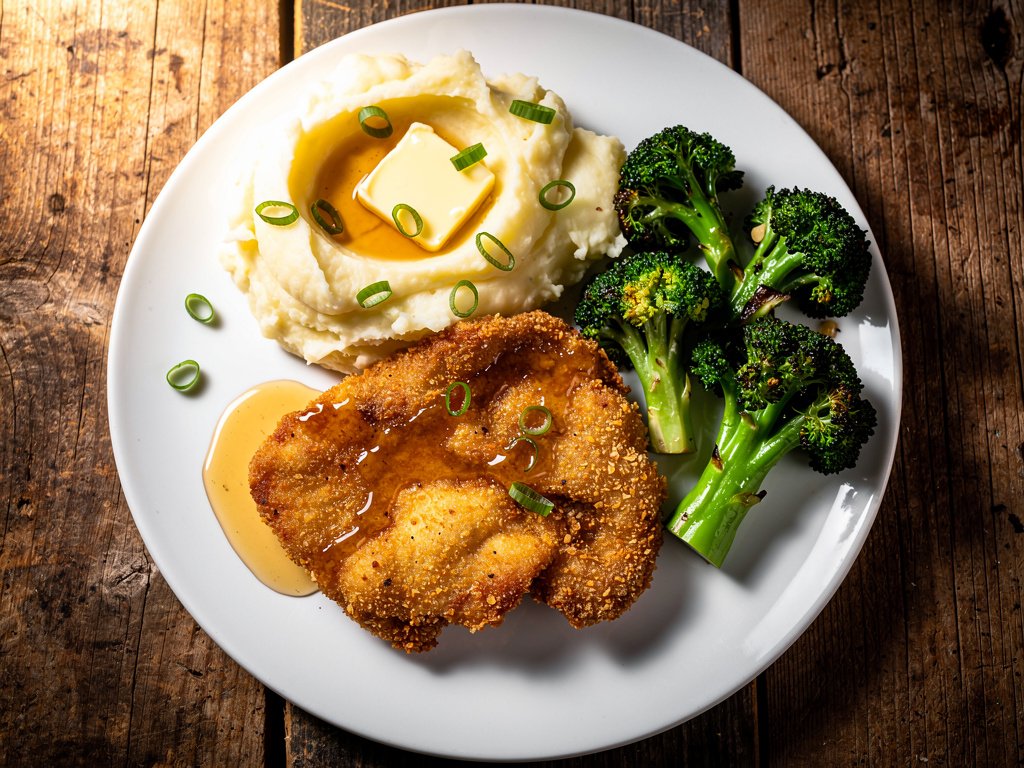 Spicy Buffalo Chicken Cutlets with Mashed Potatoes and Broccoli