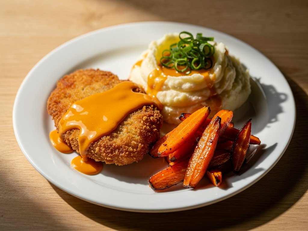 Spicy Buffalo Chicken Cutlets with Creamy Mashed Potatoes and Honey Drizzle