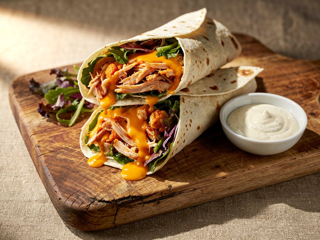 Spicy Buffalo Chicken Ranch Wraps with Mixed Greens and Cheddar