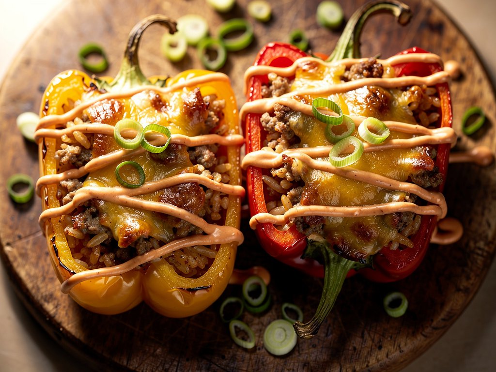 Spicy Cajun Pork Sausage Stuffed Peppers with Pepper Jack and Hot Sauce Crema