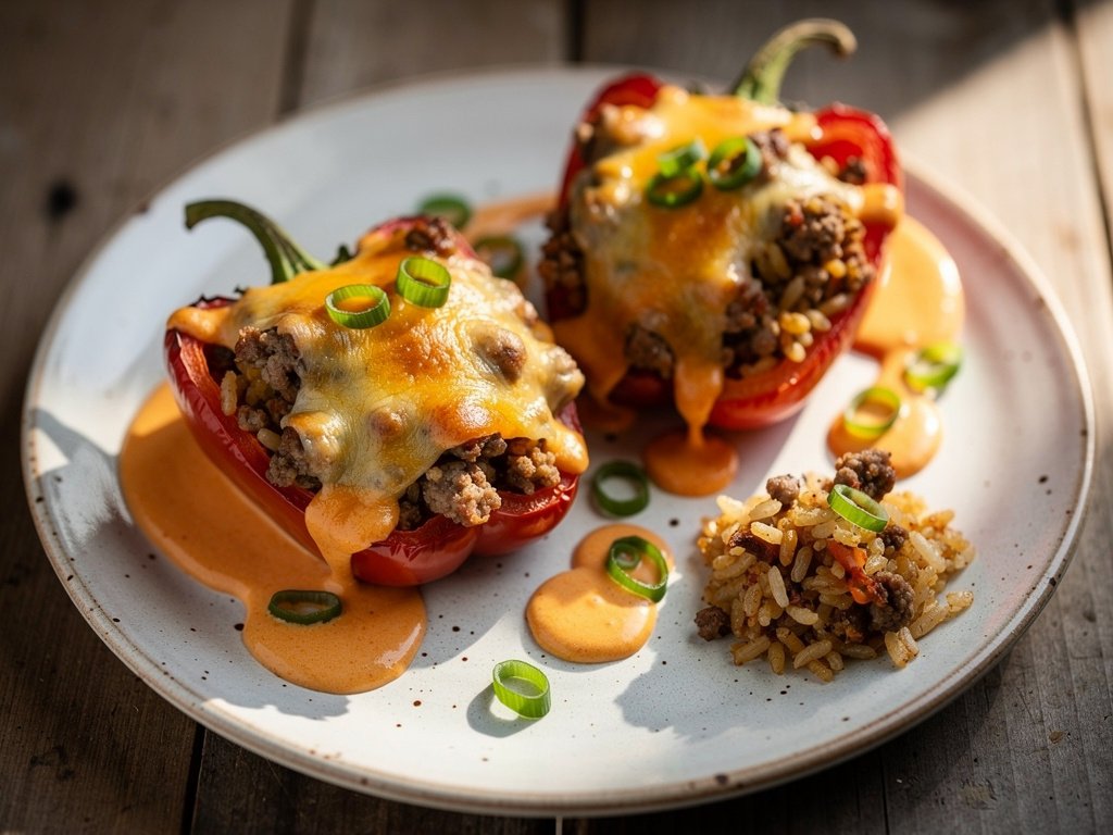 Spicy Cajun Sausage Stuffed Bell Peppers with Pepper Jack and Hot Sauce Crema