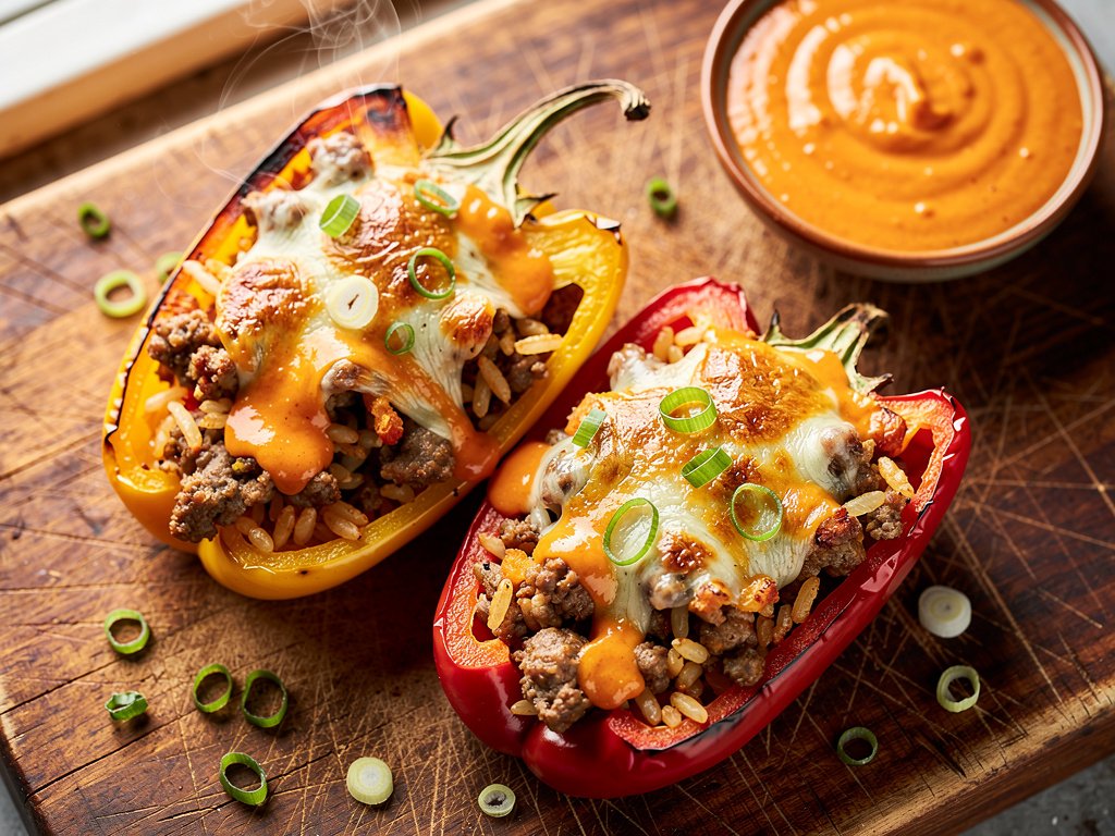 Spicy Cajun Sausage Stuffed Peppers with Pepper Jack and Hot Sauce Crema
