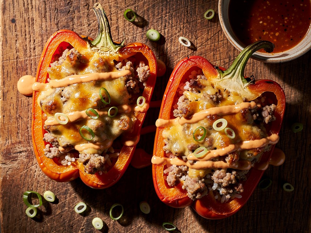 Spicy Cajun Sausage Stuffed Peppers with Pepper Jack and Hot Sauce Crema