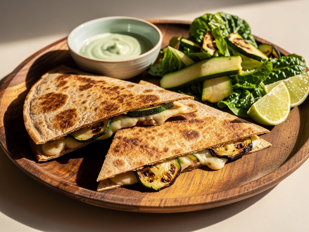Spicy Charred Zucchini and Black Bean Quesadillas with Lime Crema and Romaine Salad