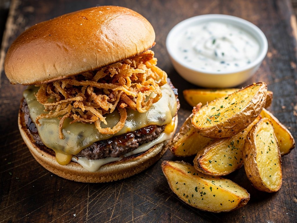Spicy Cheeseburgers with Crispy Fried Onions and Ranch Potato Wedges
