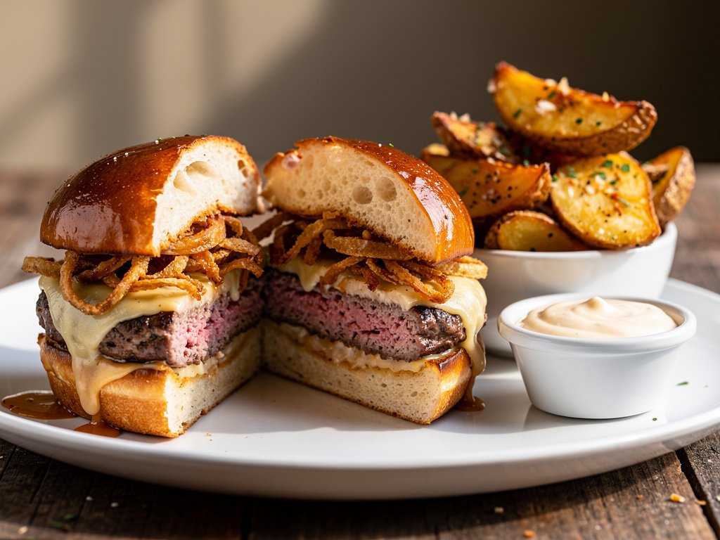 Spicy Cheeseburgers with Fried Onions, Garlic Potato Wedges & Creamy Ranch