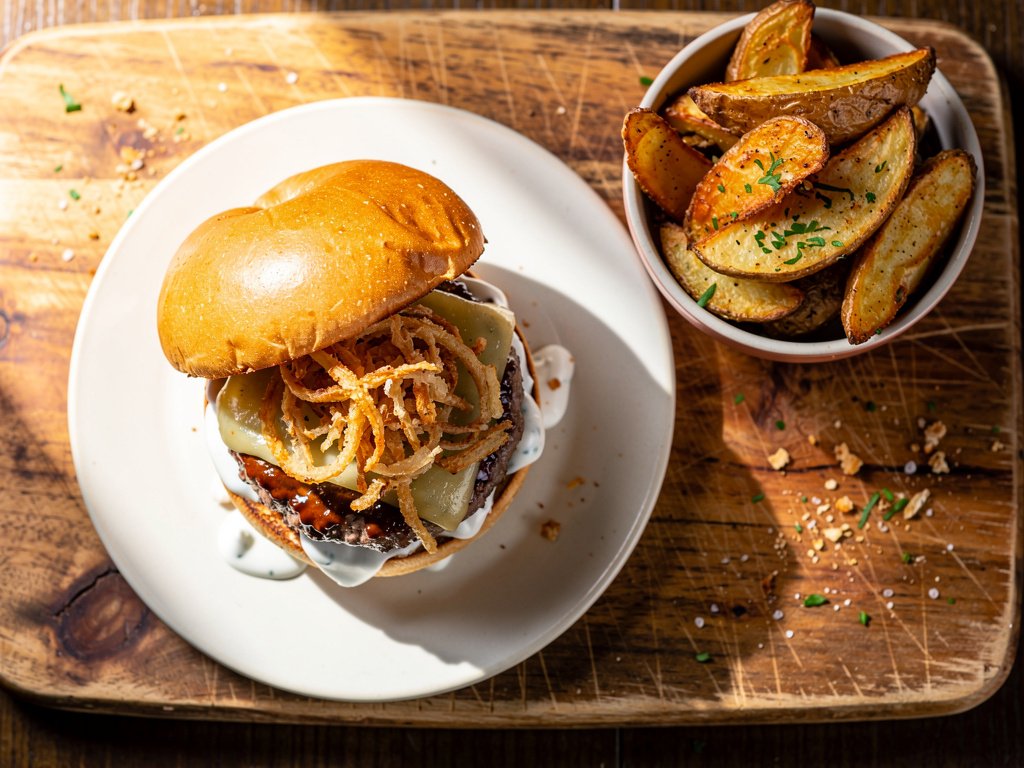 Spicy Cheeseburgers with Fried Onions, Garlic Potato Wedges & Creamy Ranch Sauce