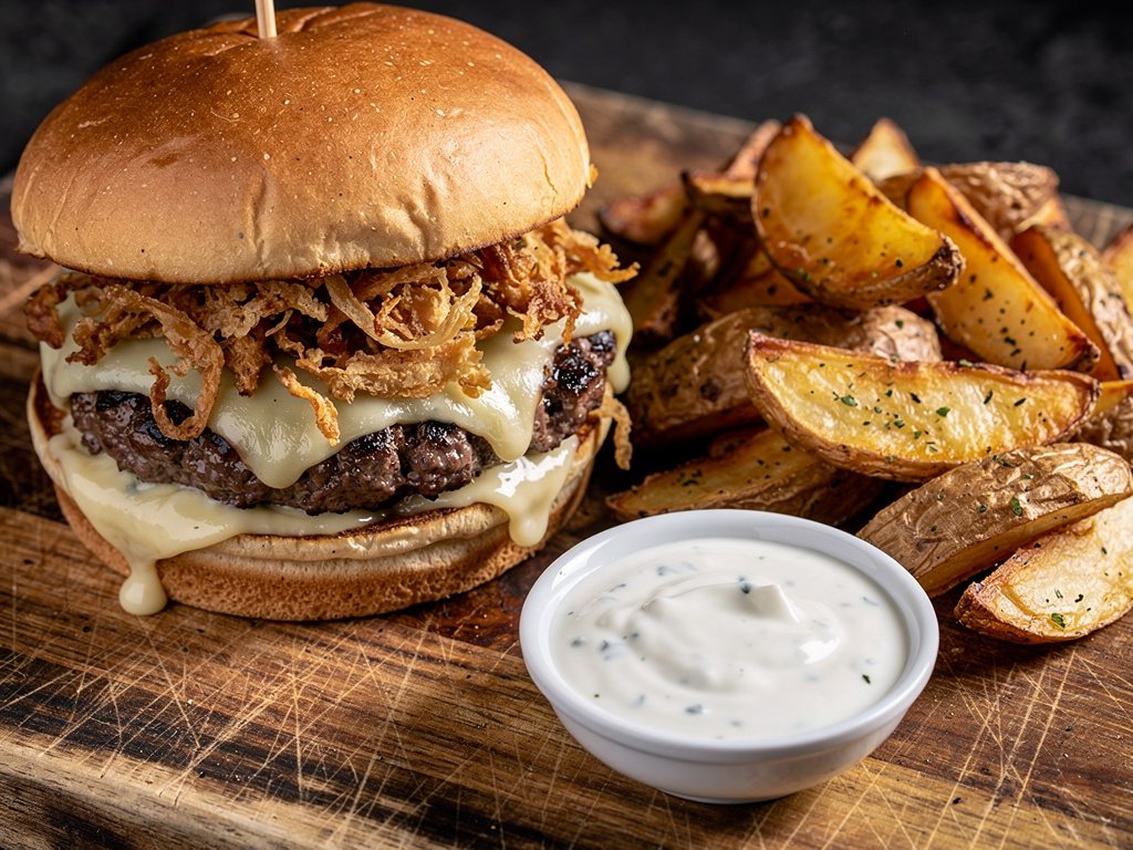 Spicy Cheeseburgers with Fried Onions, Garlic Potato Wedges & Creamy Ranch Sauce