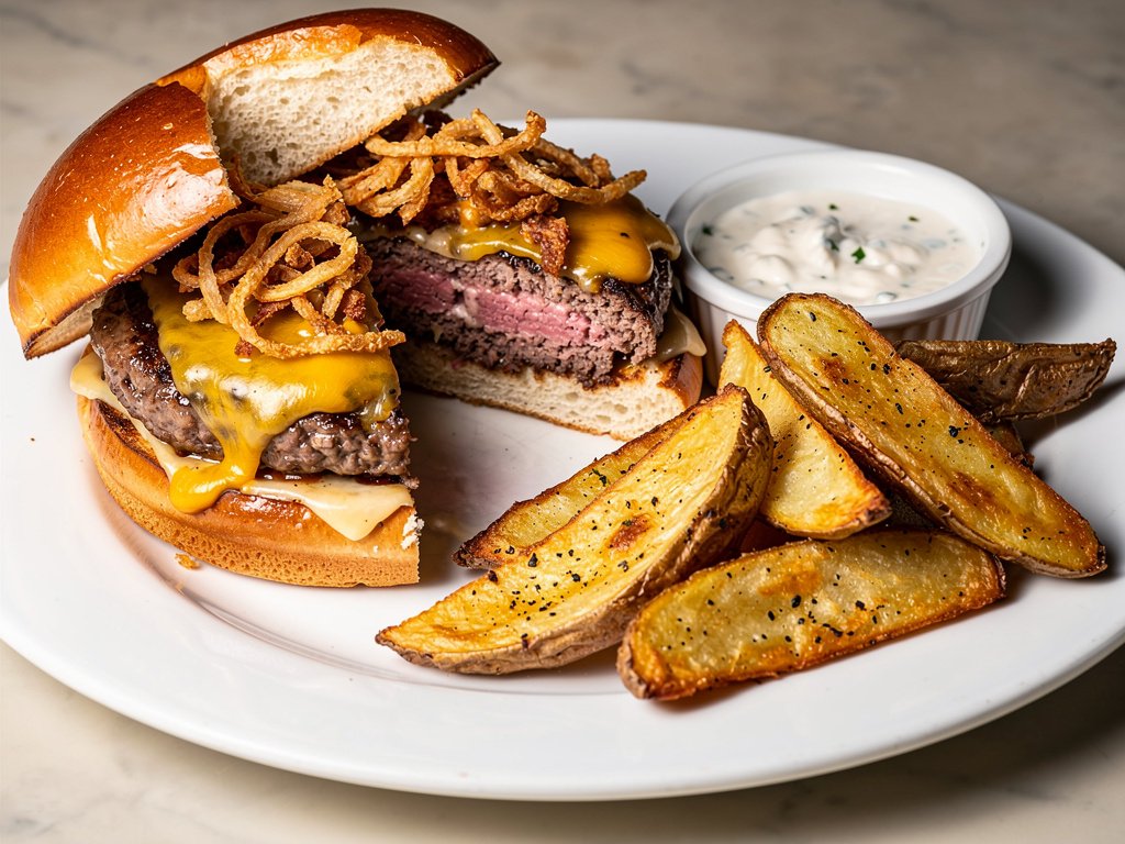 Spicy Cheeseburgers with Fried Onions, Garlic Potato Wedges & Creamy Ranch Sauce