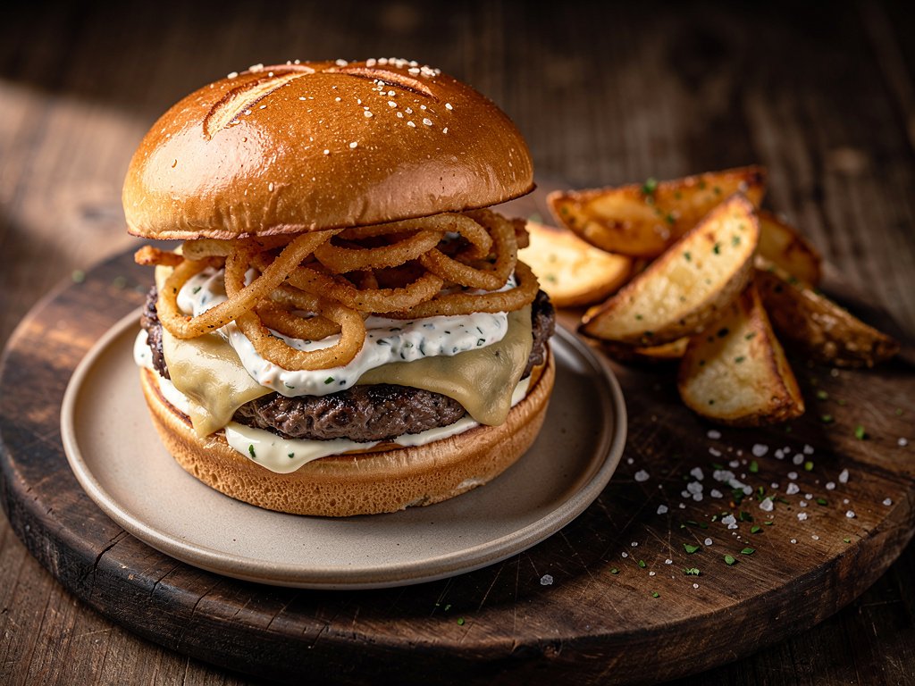 Spicy Cheeseburgers with Fried Onions, Garlic Potato Wedges & Creamy Ranch Sauce