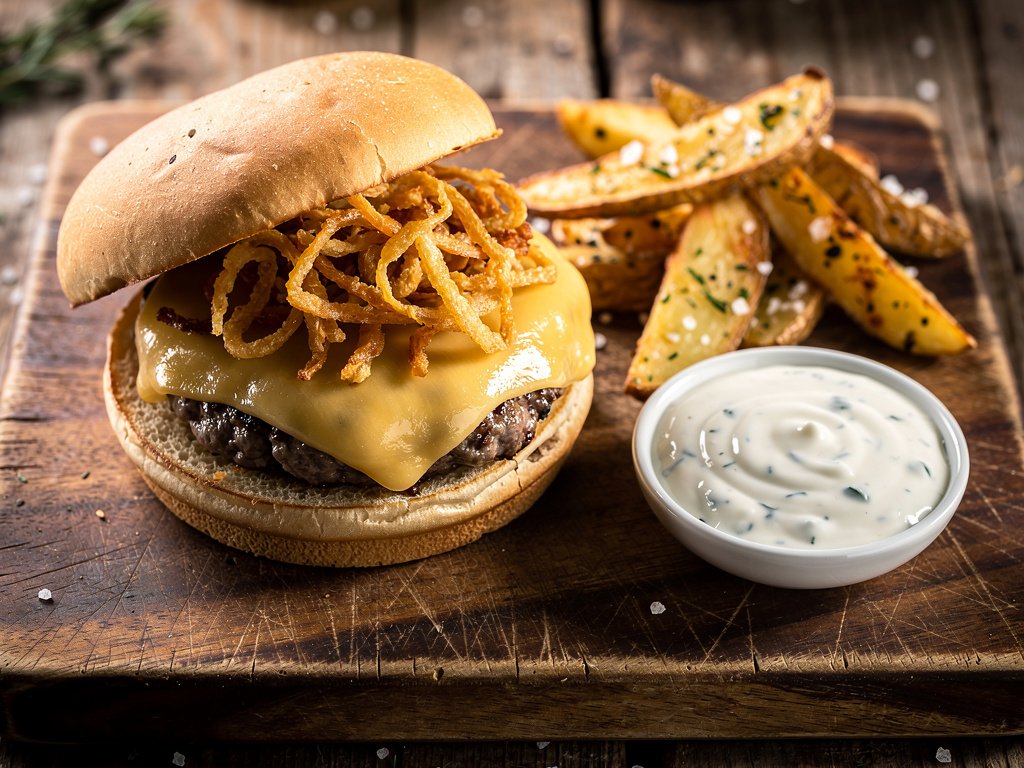 Spicy Cheeseburgers with Fried Onions, Garlic Potato Wedges & Creamy Ranch Sauce