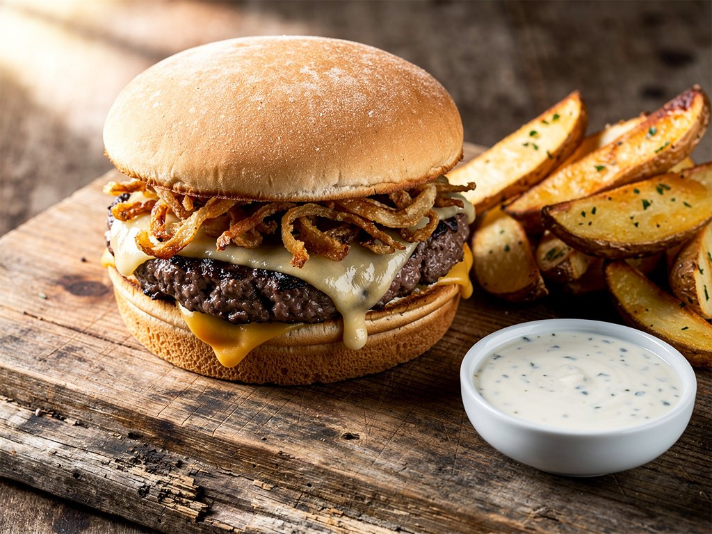 Spicy Cheeseburgers with Fried Onions, Garlic Potato Wedges & Creamy Ranch