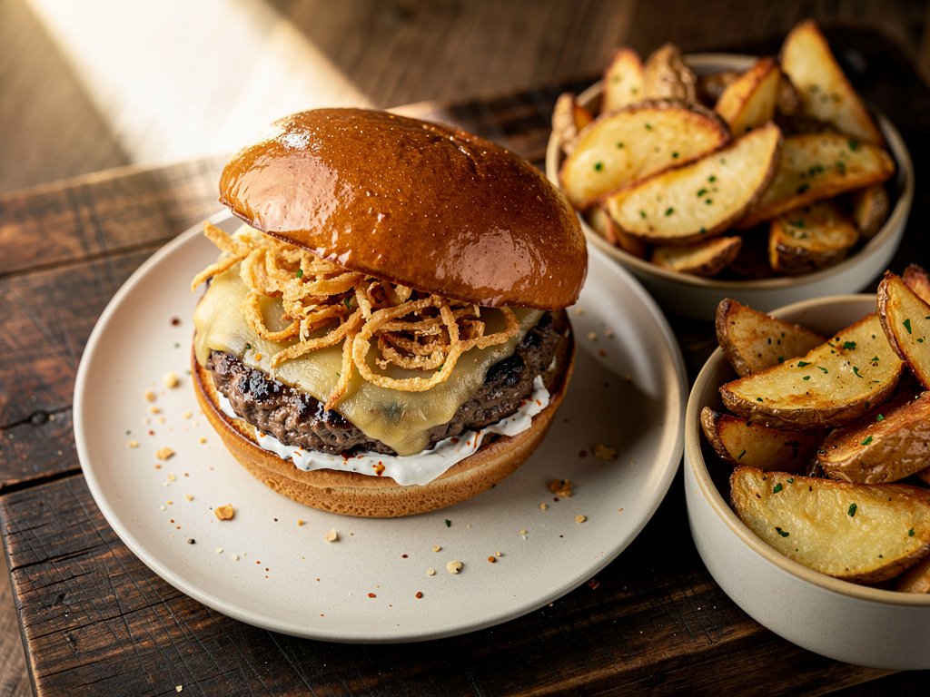 Spicy Cheeseburgers with Fried Onions and Garlic Potato Wedges
