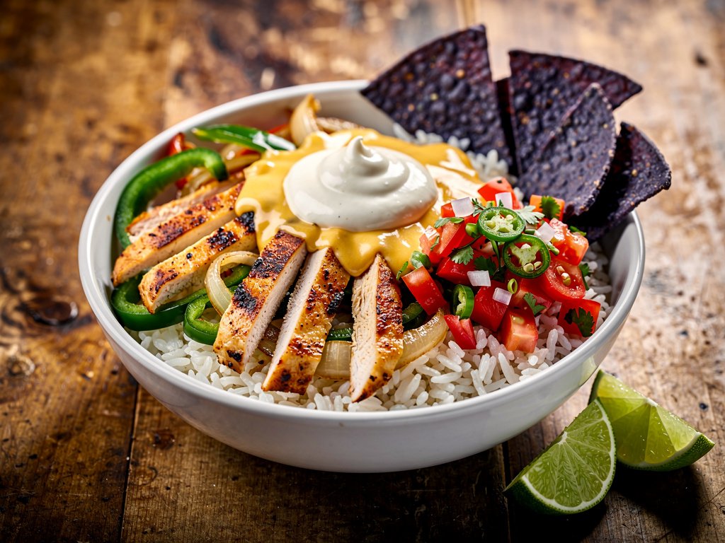 Spicy Chicken Fajita Bowls with Pico de Gallo and Chili Lime Crema