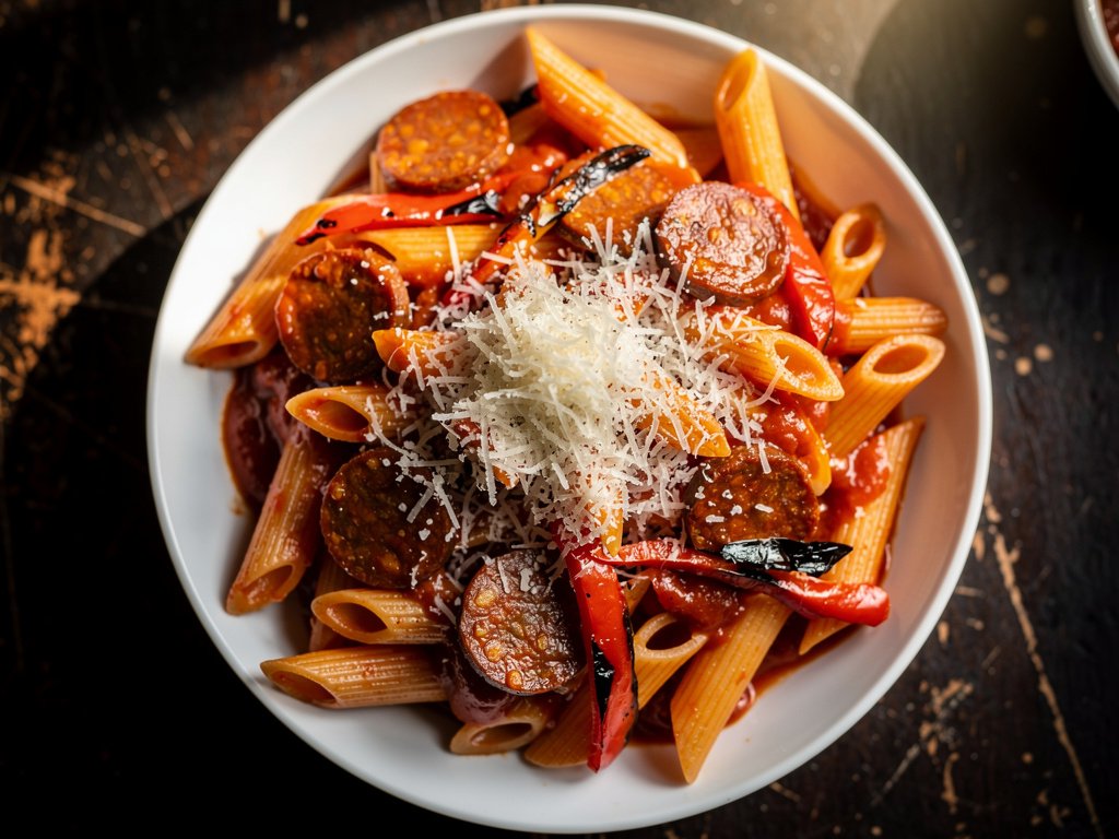 Spicy Chorizo and Tomato Penne with Charred Red Peppers