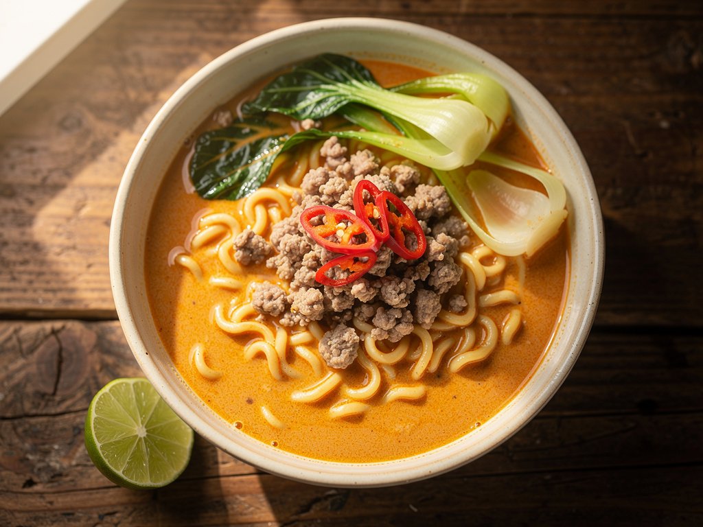 Spicy Coconut Curry Pork Noodle Soup with Bok Choy and Lime
