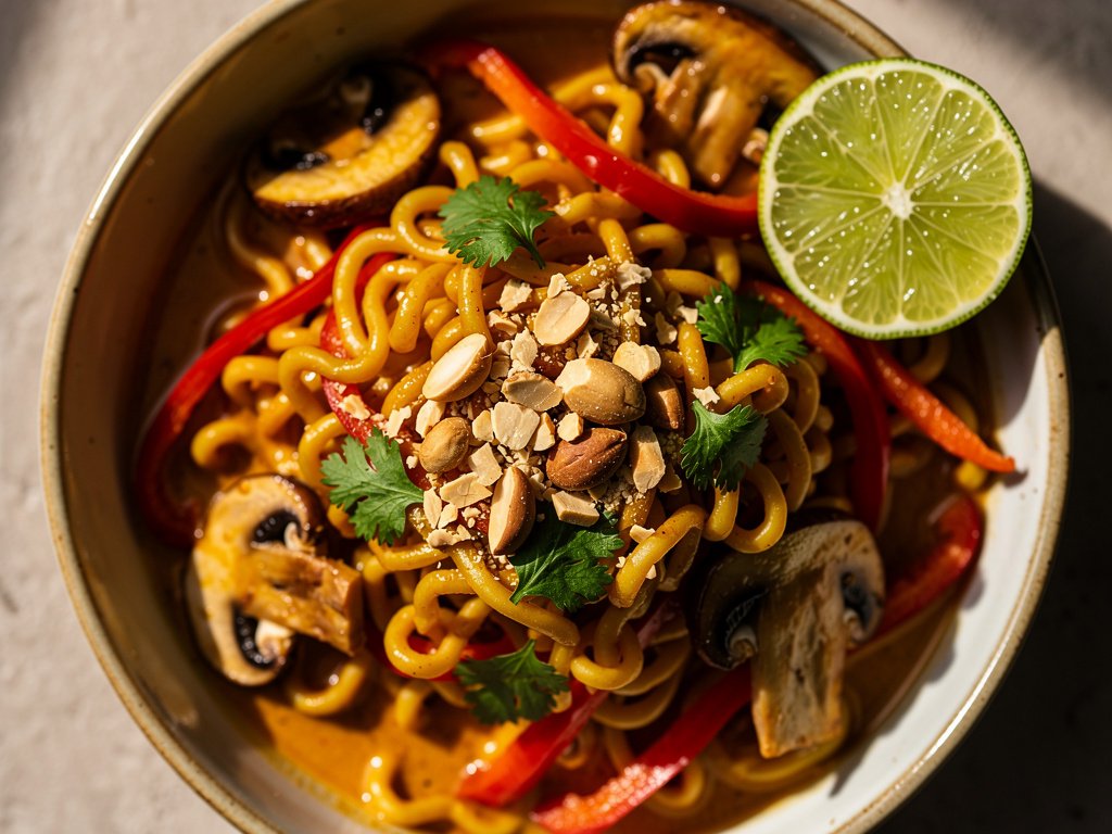 Spicy Coconut Curry Ramen with Vegetables and Peanuts