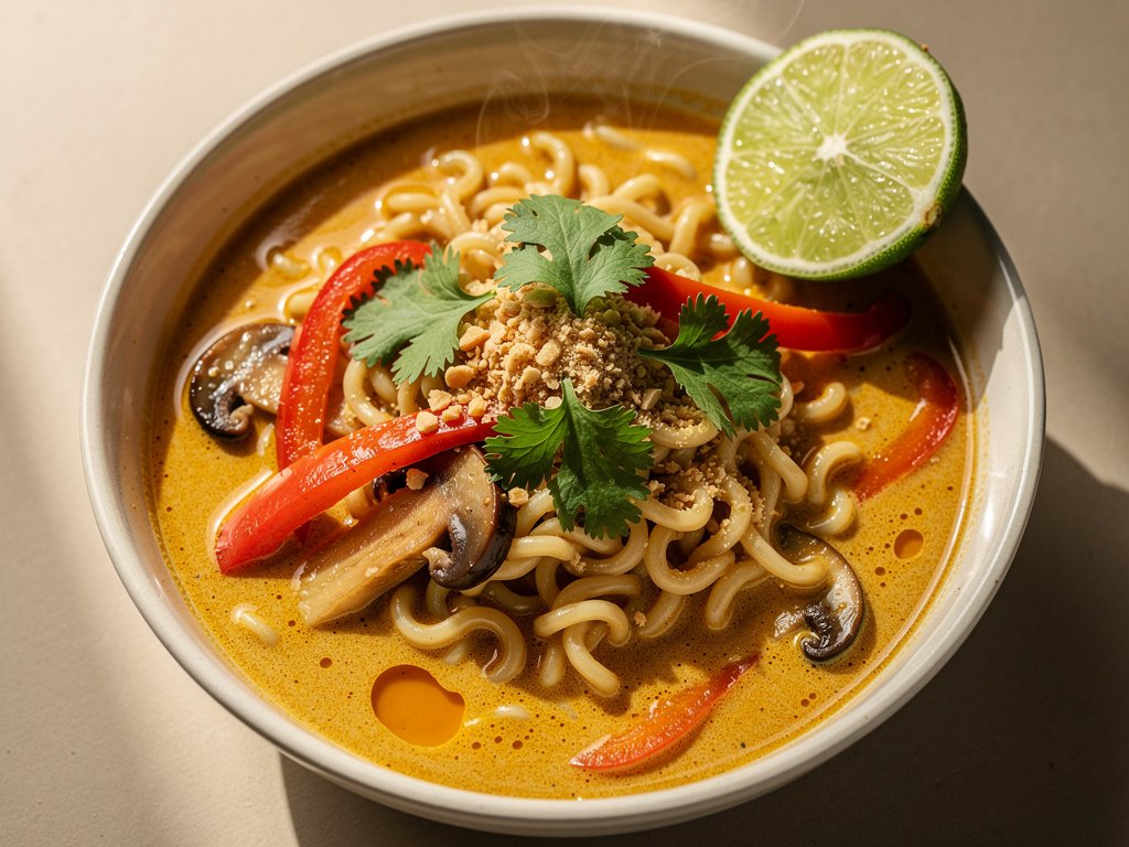 Spicy Coconut Curry Ramen with Vegetables and Peanuts