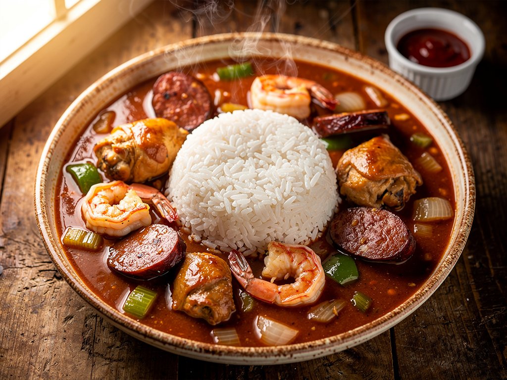 Spicy Creole Chicken, Sausage, and Shrimp Stew with Rice