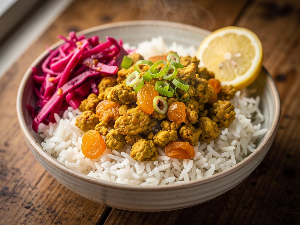 Spicy Curried Turkey Bowls with Basmati Rice and Pickled Cabbage