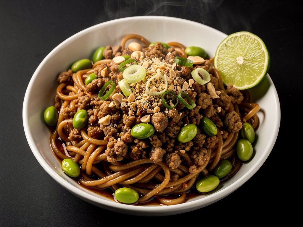Spicy Ginger Pork Noodles with Edamame and Peanuts