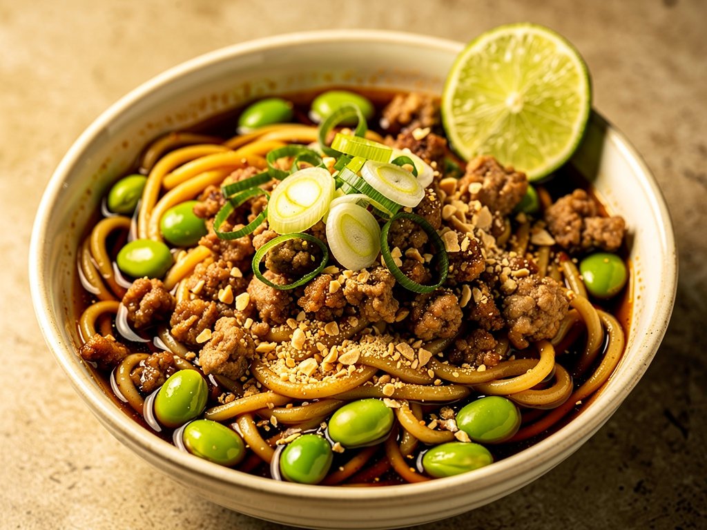 Spicy Ginger Pork Ramen with Edamame and Peanuts