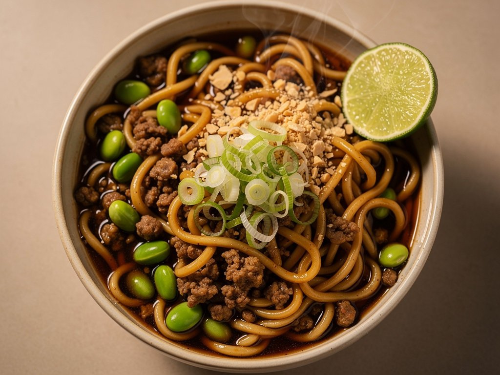 Spicy Ginger Pork Ramen with Edamame and Peanuts