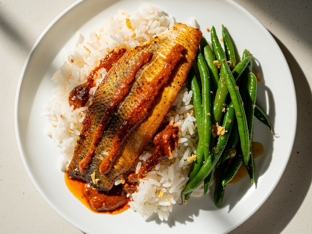 Spicy Gochujang Tilapia with Ginger Rice and Green Beans