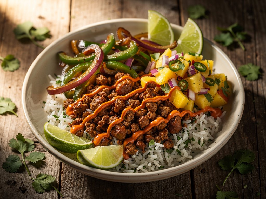 Spicy Ground Turkey Rice Bowls with Pineapple Salsa and Cilantro Lime Rice