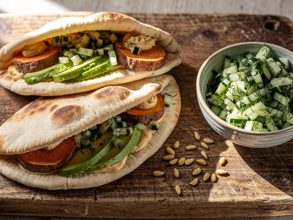 Spicy Harissa Sweet Potato Pita Pockets with Cucumber Dill Salad