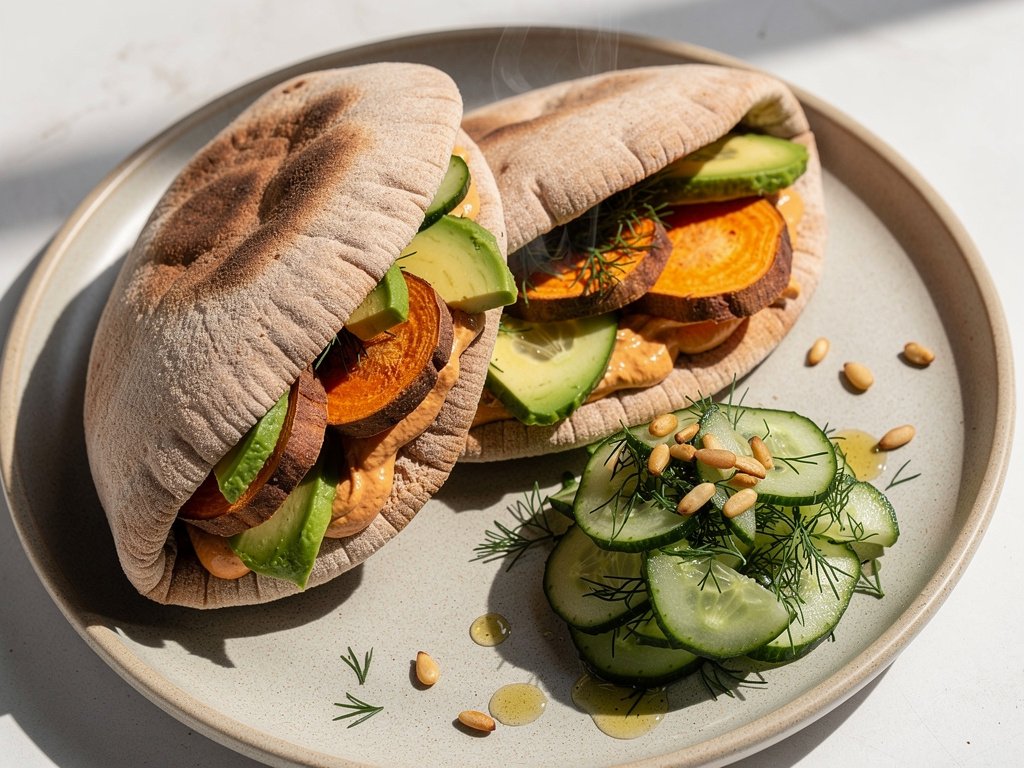 Spicy Harissa Sweet Potato Pita Pockets with Cucumber Dill Salad