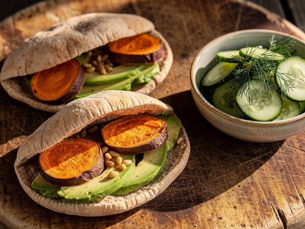 Spicy Harissa Sweet Potato Pita Pockets with Cucumber Dill Salad