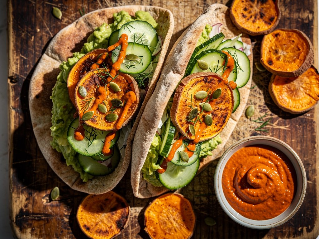 Spicy Harissa Sweet Potato Pitas with Guacamole and Cucumber Dill Salad