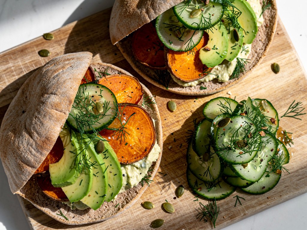 Spicy Harissa Sweet Potato Pitas with Avocado and Cucumber Dill Salad