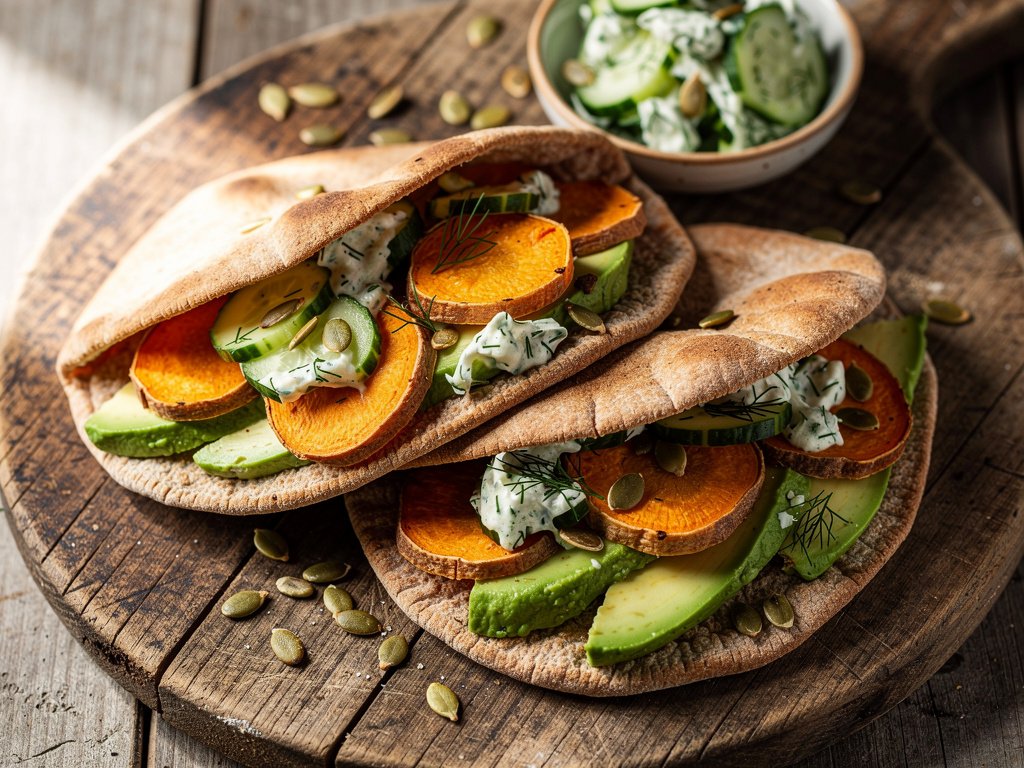 Spicy Harissa Sweet Potato Pitas with Creamy Avocado and Cucumber Dill Salad