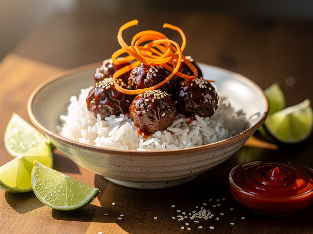 Spicy Hoisin Beef Meatball Bowls with Jasmine Rice and Carrot Ribbons