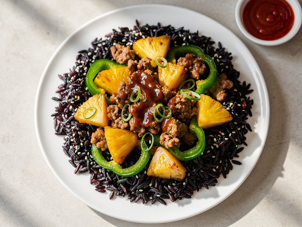 Spicy Hoisin Pork and Pineapple Stir-Fry with Sesame Black Rice