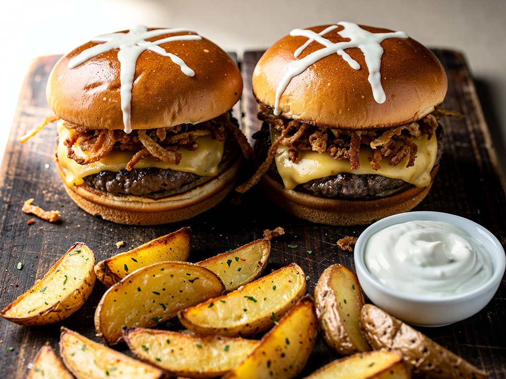 Spicy Hot Sauce Burgers with Crispy Onions and Ranch