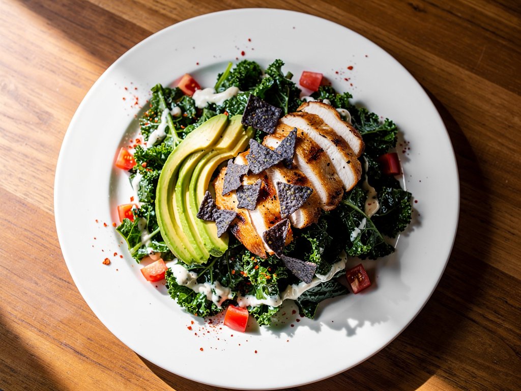 Spicy Kale Caesar Salad with Avocado, Tomato, and Tortilla Chips