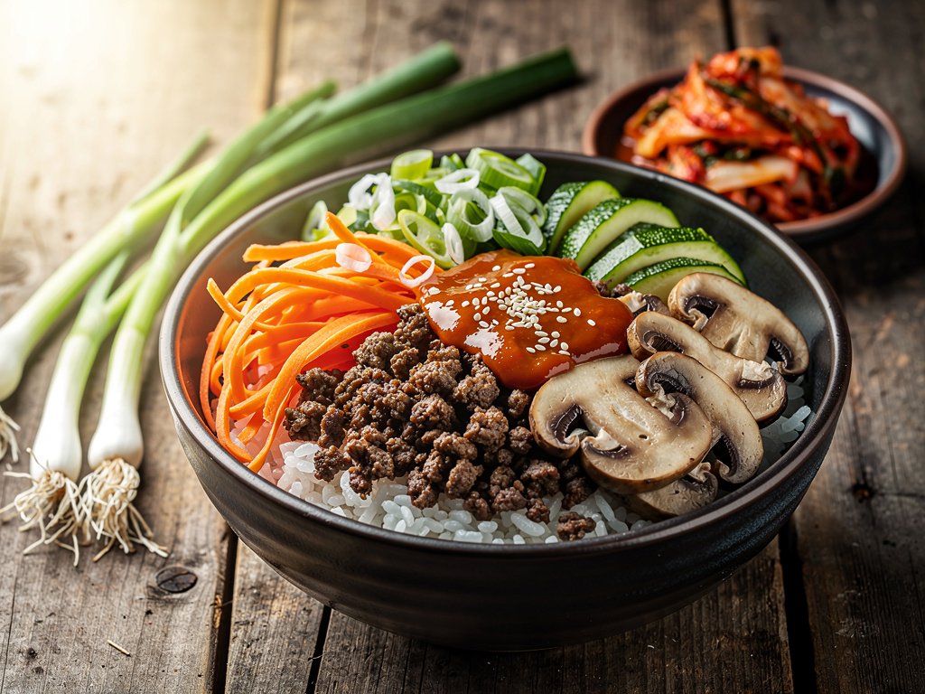 Spicy Korean Beef Bibimbap Bowls with Zucchini, Mushrooms, and Carrots