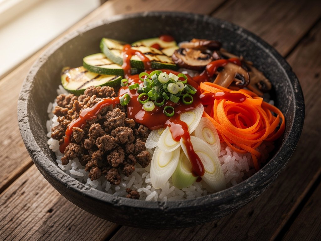 Spicy Korean Beef Bibimbap Bowls with Zucchini, Mushrooms, and Carrots