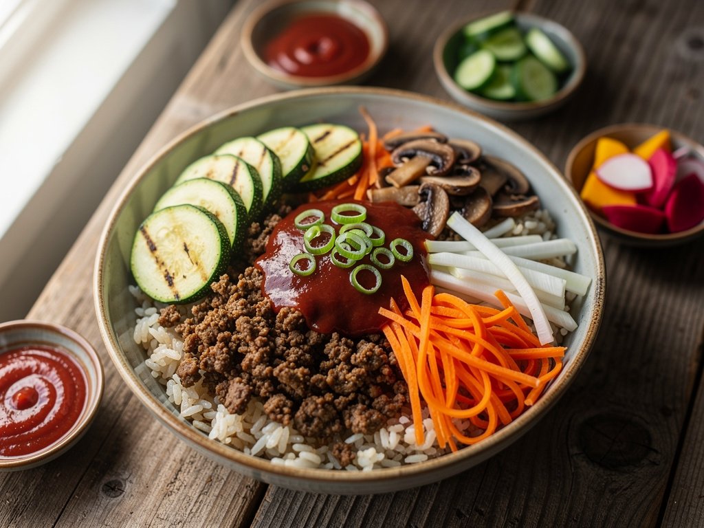 Spicy Korean Beef Bibimbap Bowls with Zucchini, Mushrooms, and Carrots