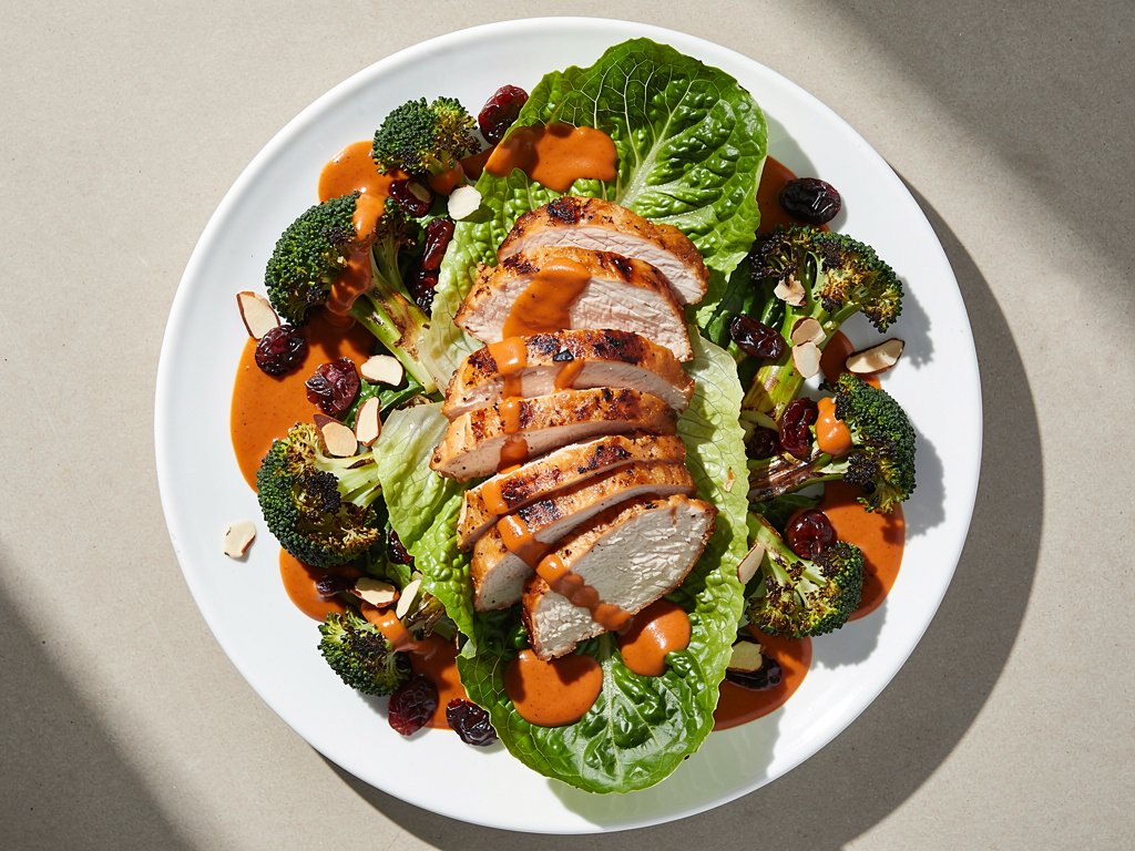 Spicy Korean Chicken Salad with Chili-Roasted Broccoli and Cranberries